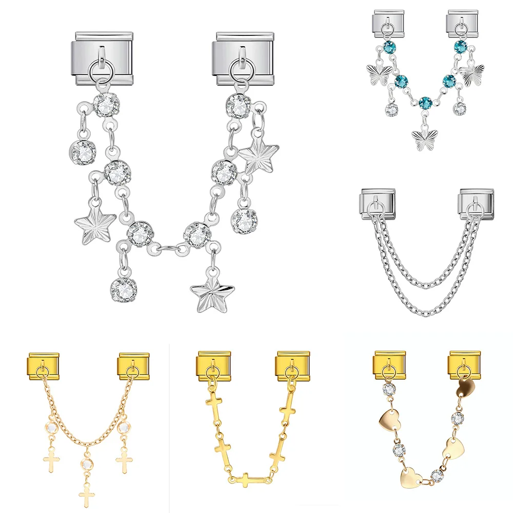 Chaîne classique en forme de croix, cœur, étoile, papillon, lien de charme italien, adapté au Bracelet en acier inoxydable de 9mm, bricolage de perles, fabrication de bijoux