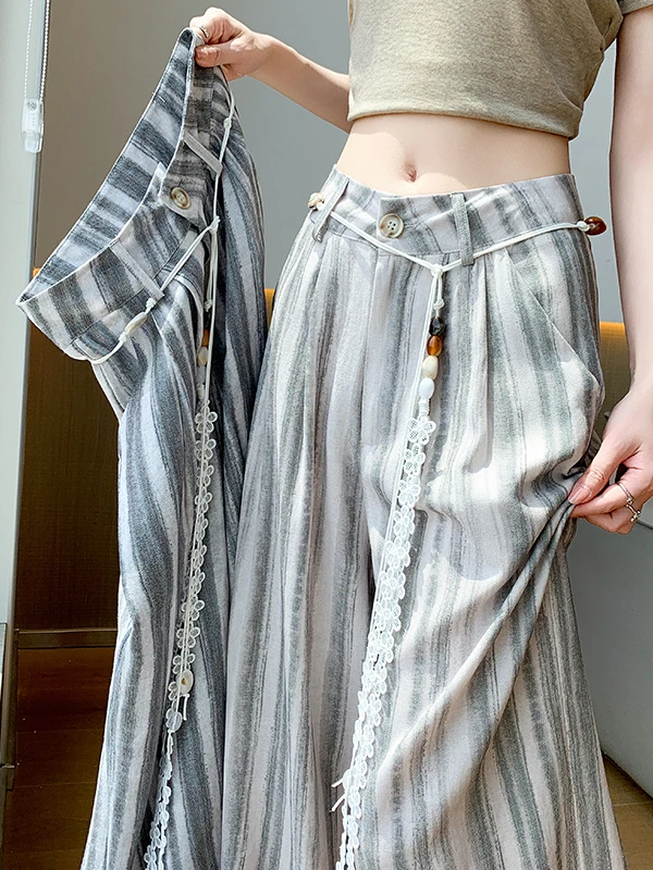 

High Waist Striped Wide Leg Pants Women's Summer Thin Cotton Linen Casual Trousers Floral Embroidery Belt Loose BF Lazy Style