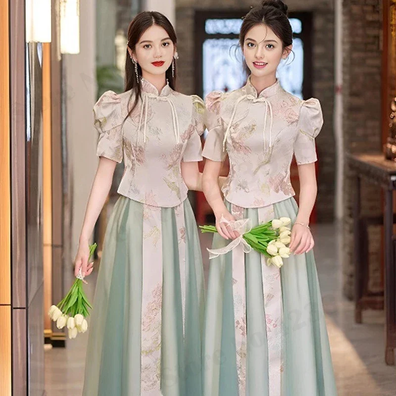 Bridesmaid Xiuhe Wedding Dress Green Gentle Elegant Temperament Tang Costumes New Chinese Style Qipao Mandarin Collar Cheongsam