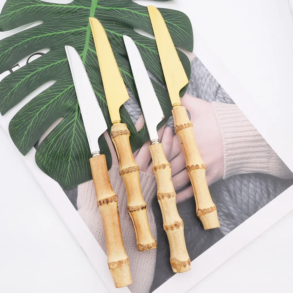 6Pcs Gold Imitation Bamboo Handle Dinnerware Set Stainless Steel Tableware Steak Knife Cutlery Set Western Kitchen Silverware