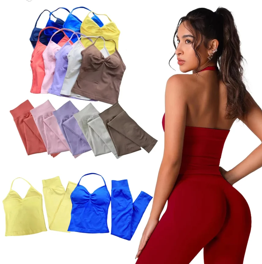 طقم يوجا مكون من قطعتين سترة برقبة للنساء وطماق من نفس اللون للتدريب على المقاومة والجري طقم سترة بدون خياطة