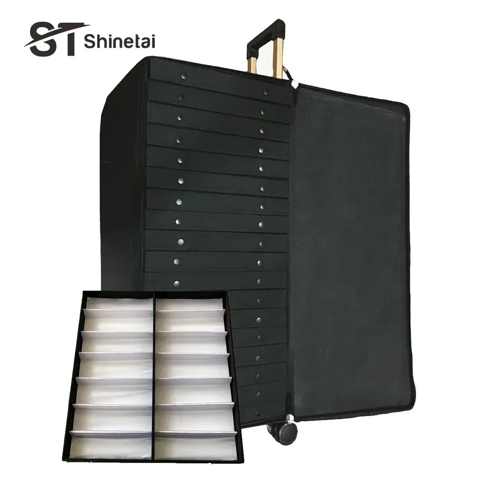 Custom Can Move Trolley 10 Trays Sunglasses Storage Packing Eyewear Showcase PU Black Eyeglasses Display Cabinet Suitcase