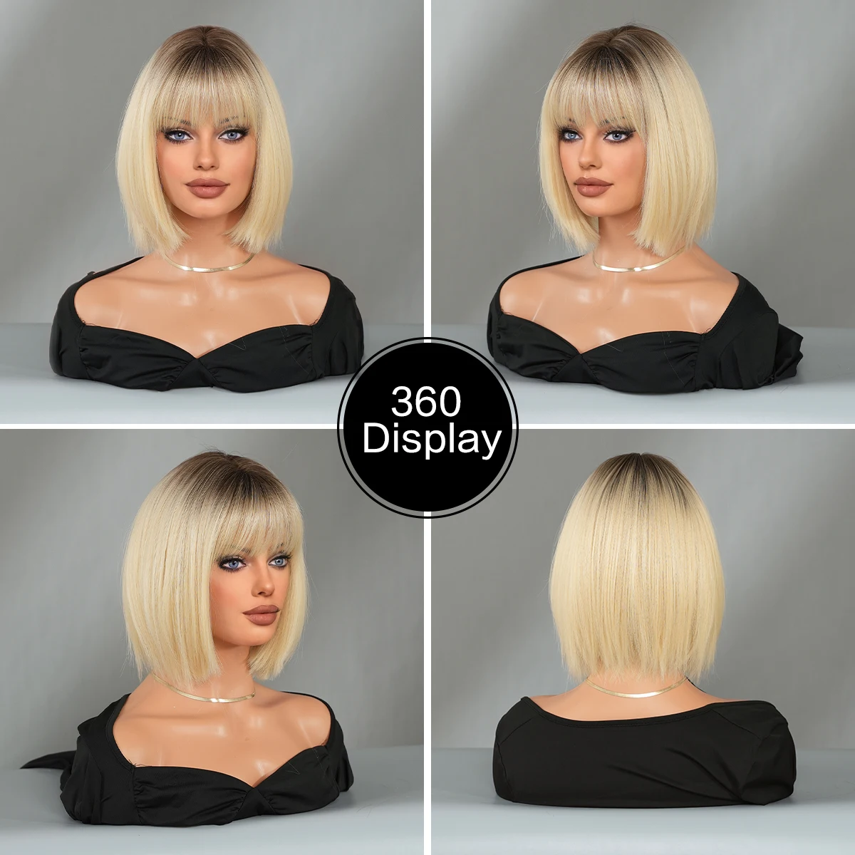 7JHH WIGS Synthetic Short Straight Blonde Bob Wigs with Dark Roots High Density Layered Hair Wig for Women Daily Heat Resistant - view 5