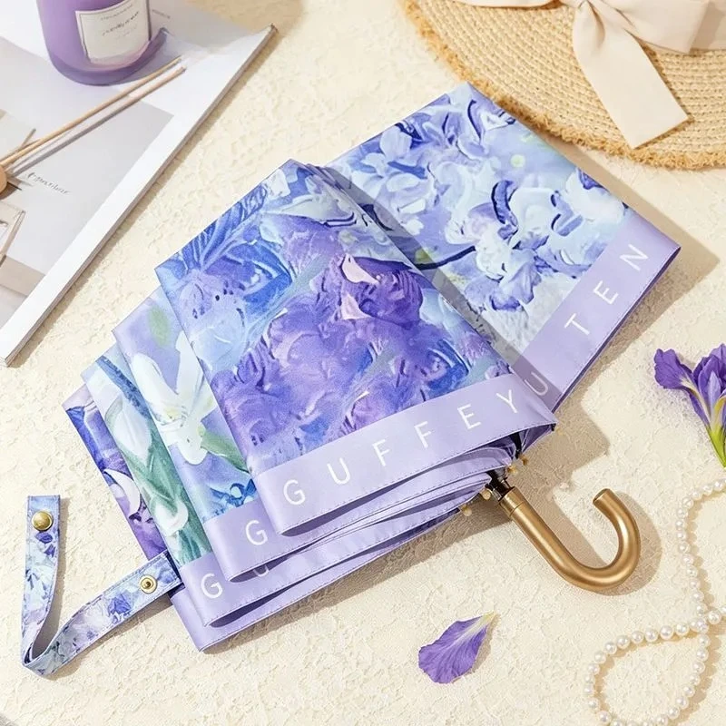 Golden Curved Hook Handle Folding Parasol 8 Ribs Floral Print Anti UV Sun Rain Umbrella Portable Accessory with Storage Bag