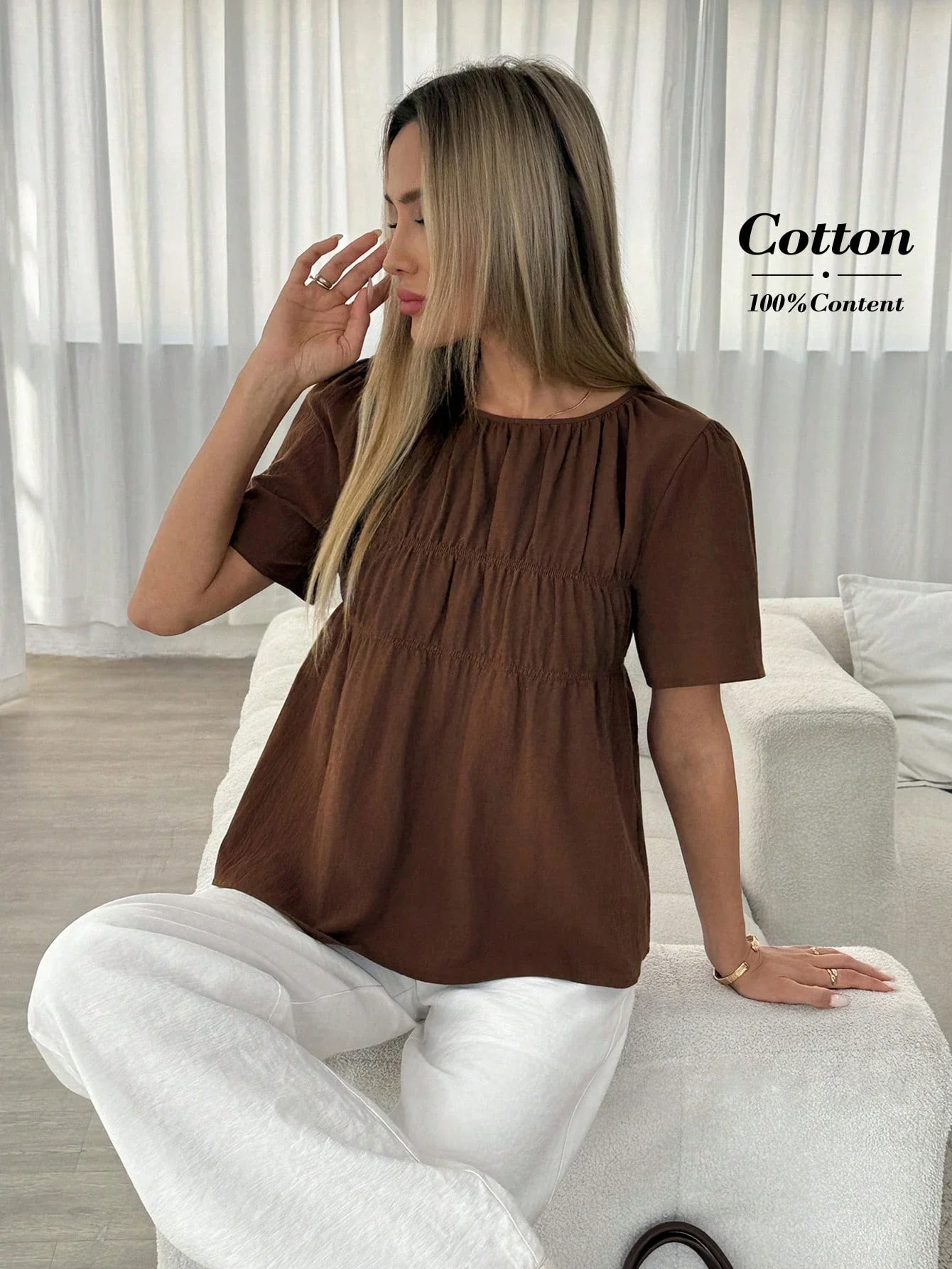 

Повседневная однотонная блузка с коротким рукавом для женщин, хлопковый топ, коричневый, летний