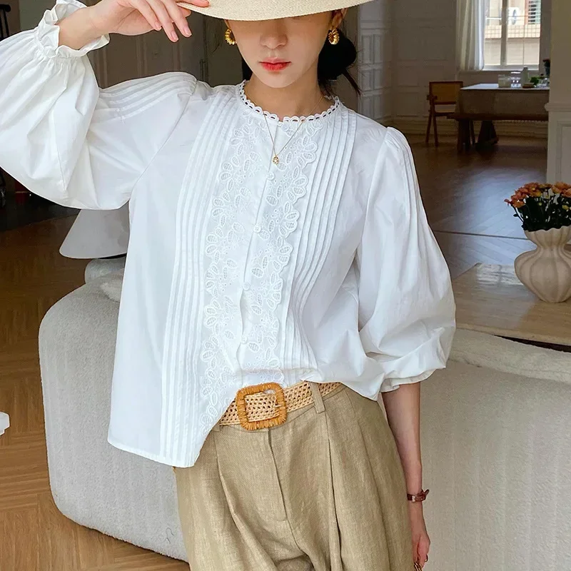 WildPinky 2025 Spring White Lace Front Blouse Lantern Sleeve Hollow Out Embroidered Flowers Shirt French Style Women Clothing