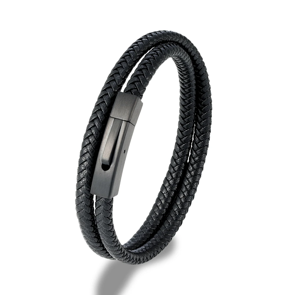 MKENDN-سوار من الجلد المضفر للرجال ، إكسسوارات بأزرار من الفولاذ المقاوم للصدأ ، مجوهرات منسوجة يدويًا ، أسود غير لامع بسيط ، نمط كلاسيكي ، هدايا