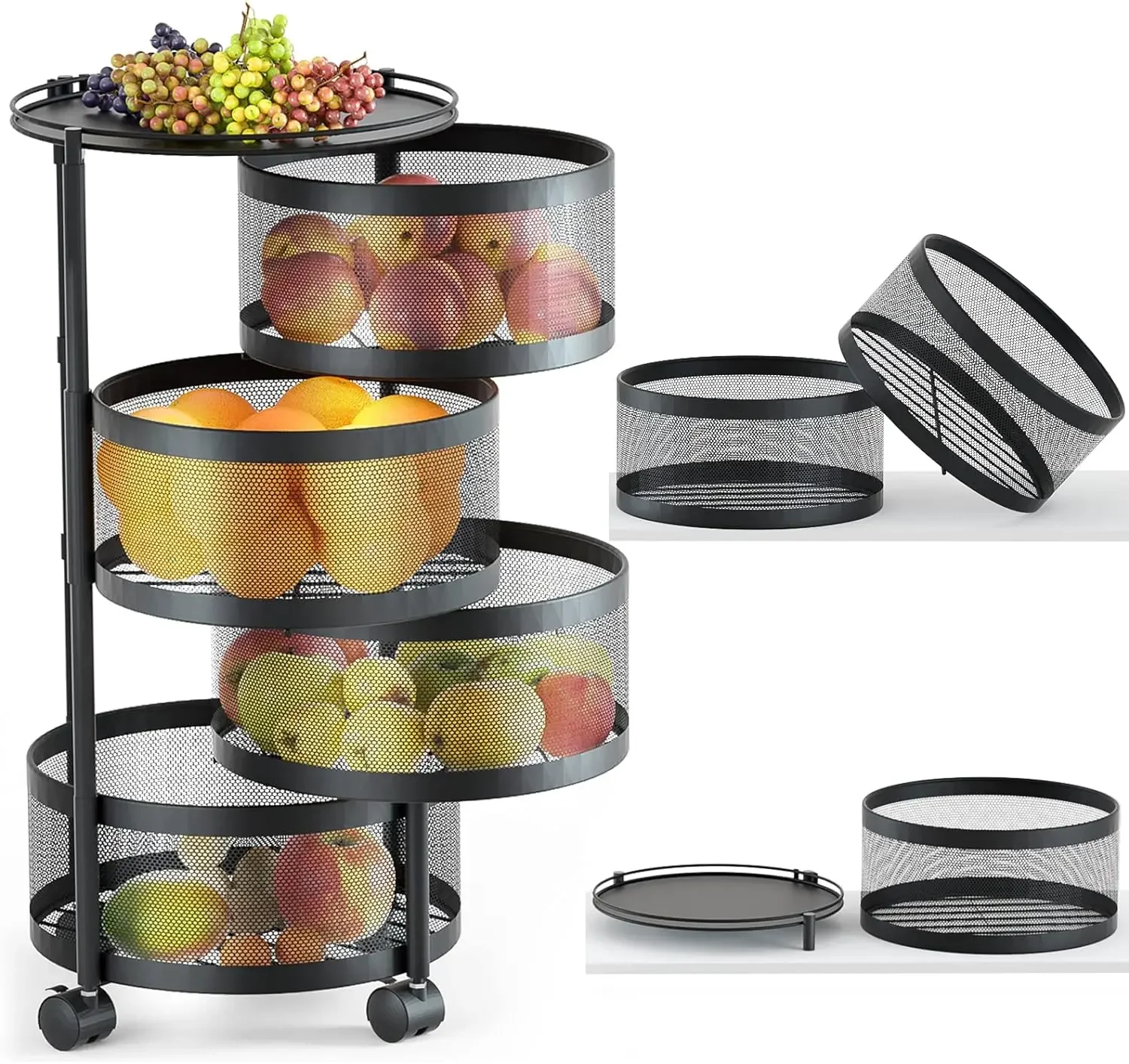 NEW Rotating Storage Rack for Kitchen, 4 Tier Fruit and Vegetable Storage for Kitchen Rotating Storage Rack with Wheels