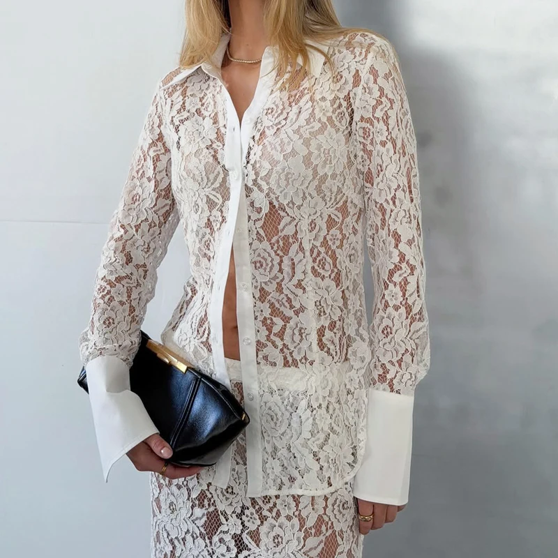 Fashion Perspective Lace Party Outfit Autumn Minimalist Vacation Suit Lapel Collar Button Top and Half Skirt Women Two Piece Set
