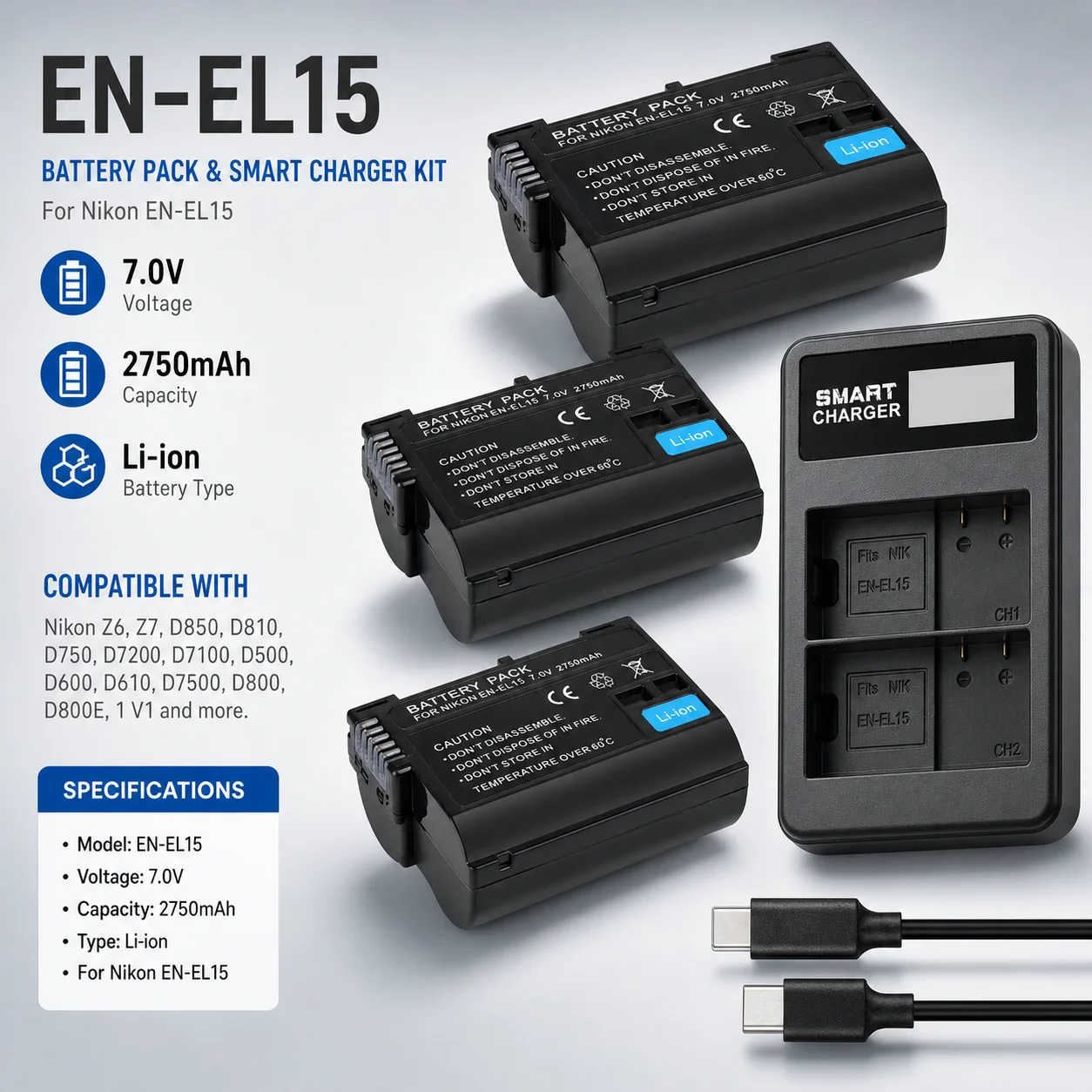 Rechargeable Camera Battery EN-EL15 2800mAh For Nikon D600 D610 D800 D800E D810 D850 D7000 D7100 D7200 L50