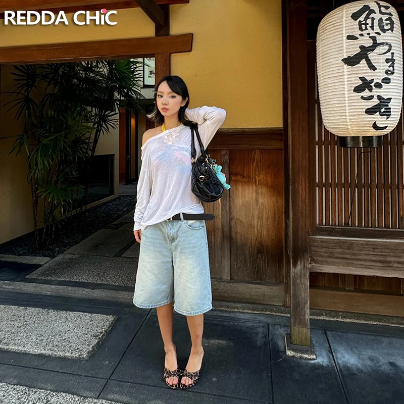 Reddcic Celana Bermuda Denim biru muda wanita celana pendek musim panas celana Jeans kaki lebar lurus Solid diputihkan pakaian kasual liburan