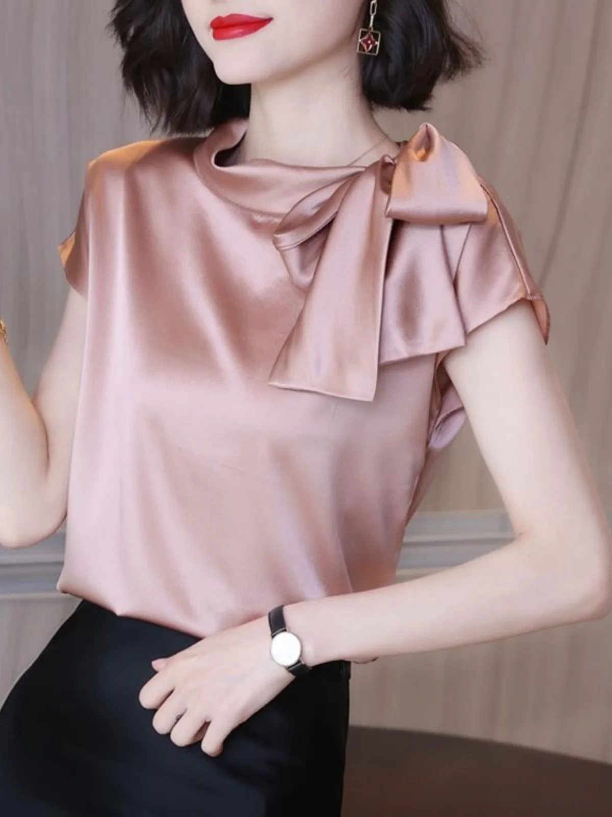 elegant-satin-shirt-with-fake-collar-lightweight-skin-friendly-knot-design-summer-2025-pure-color-korean-style