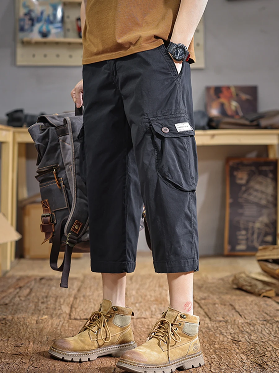 

High-End American Retro Functional Workwear Men's Eight-Foot Pants Trendy Bla Lightweight Casual Pants Breathable Summer