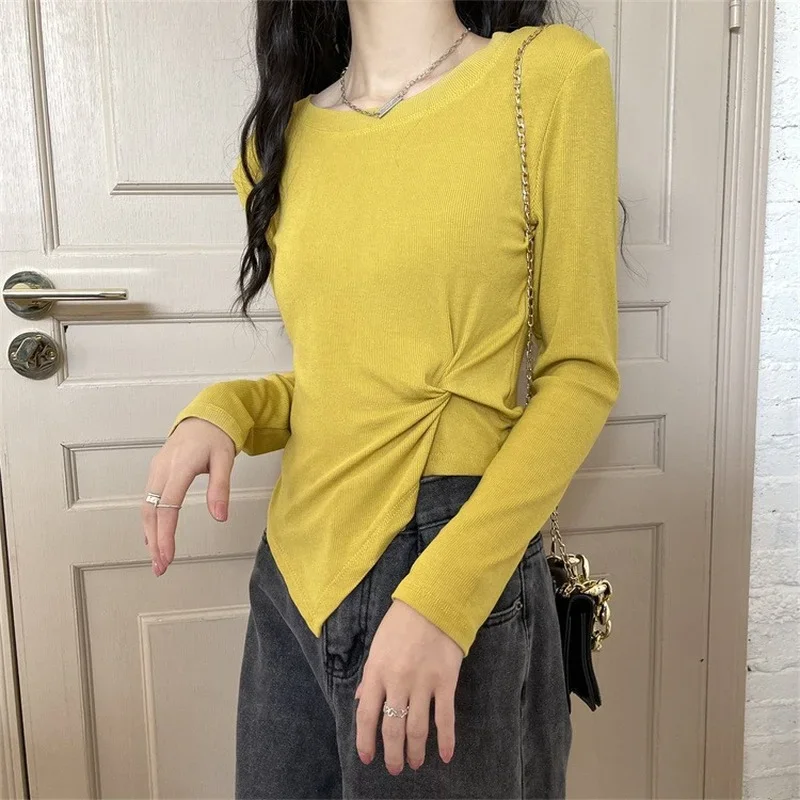 

Футболки женские, узкие топы нестандартной формы, однотонные, Новое поступление, стильные, с гофрировкой, дизайнерские, весенние, шикарные, универсальные, стильные, с внутренней стороны, осень, Ropa