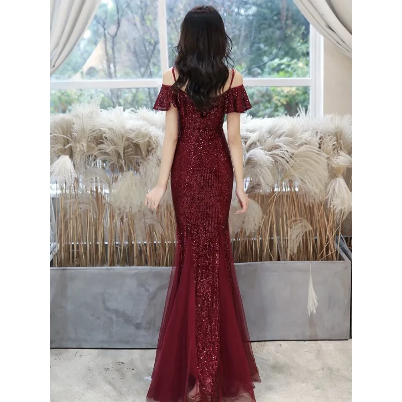 Rotes Ballkleid Sommer Braut Burgund Fischschwanz Abendkleid 2024 neuer hochwertiger One-Shoulder Toast Anzug