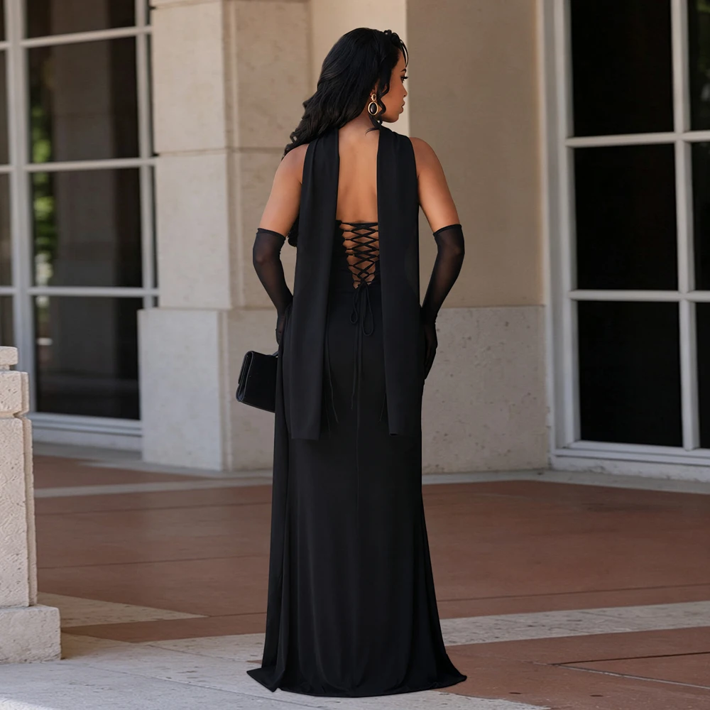 JENYAGE Damen-Abendkleid mit Neckholder-Ausschnitt und Handschuhen, gerafftes, figurbetontes, bodenlanges Meerjungfrauen-Maxikleid, elegantes Party- und Ballkleid – Detail 5