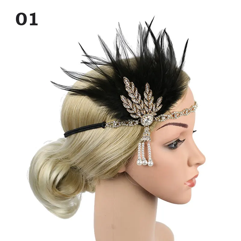 Women Vintage Feather Headband Black Rhinestone Beaded Sequin Hair Band Vintage Headpiece Flapper Feather Headdress