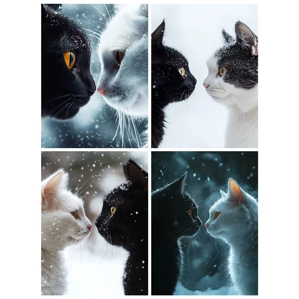 Diy taladro redondo completo mosaico de diamantes bordado blanco gato negro Animal Diy Kits de pintura de diamante para adultos y niños