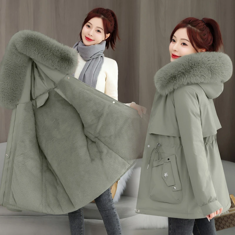 Winter Halflange Vrouwen Parka Dikke Warme Katoenen Gewatteerde Jassen Capuchon Grote Bontkraag Zakken Slanke Trekkoord Uitloper JJ278