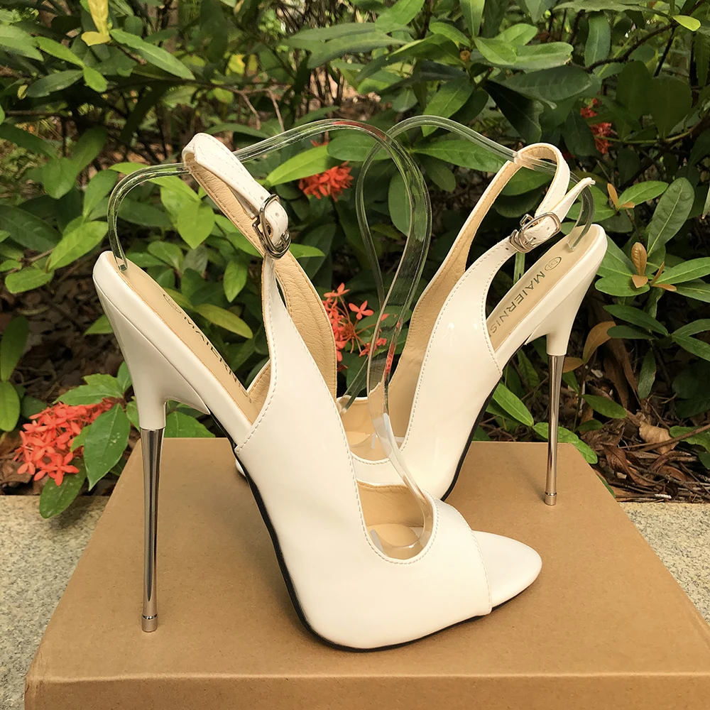 Kobiety Solid White Sandały 16cm Extreme Metal Thin High Heels Sexy Peep Toe Pumps Fetish Club Party Man Crossdresser Unisex Shoes