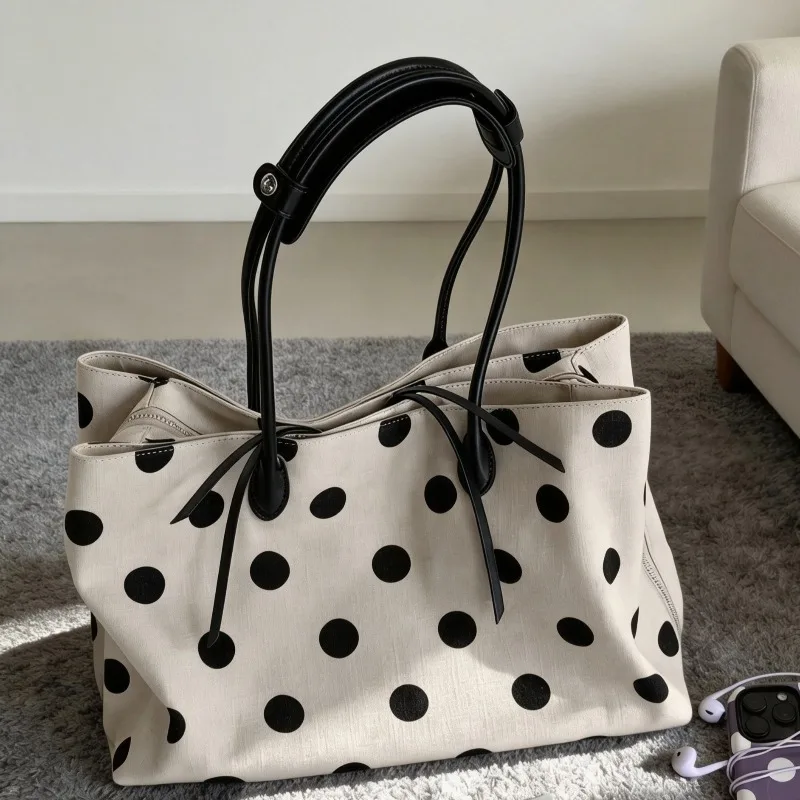 Large Capacity Linen Polka Dot Women's Tote Bag 2026 New Fashion Lightweight Luxury Commuter Bag Handbag Soft PU Shoulder Strap