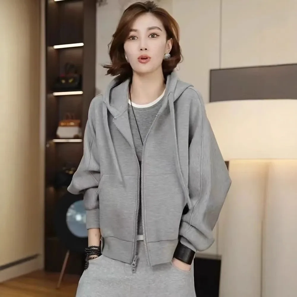 

Faionable ort Double Zipper Hoodie Jaet Women's Loose Slimming Top Commute Sle Polyester Fiber Thiened Autumn Winte...