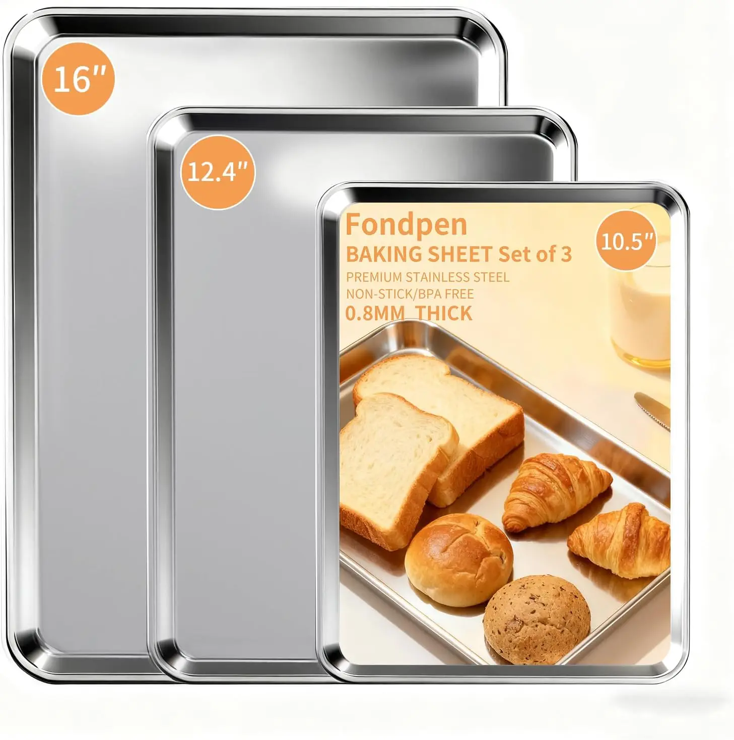 

Baking Sheet Set of 3, Stainless Steel Cookie Sheets, 10.5/12.4/16 Inch, Non-Stick, Heavy Duty, Dishwasher Safe