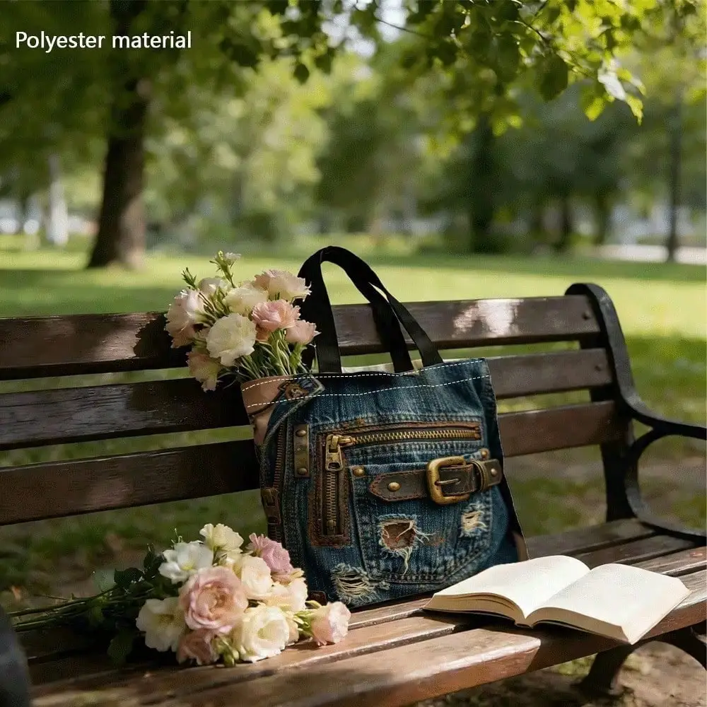 1PC Faux Vintage Denim 2D Print Polyester Tote Bag Large Women Shoulder Handbag Reusable Shopping Bag For Party Holiday Birthday Gift School Supplies