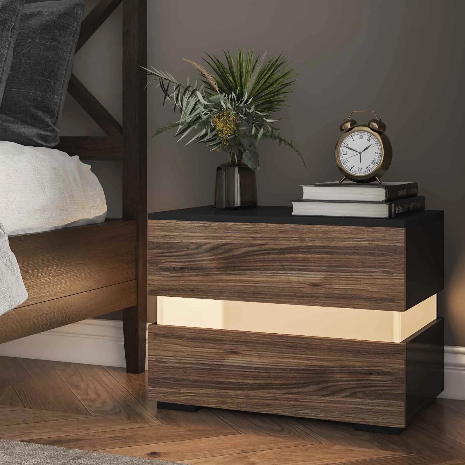 LED Nightstand Brown Modern Nightstand with 2 Drawers Wooden Bedside Table Night Stand with 16 Colors LED Lights for Bedroom US