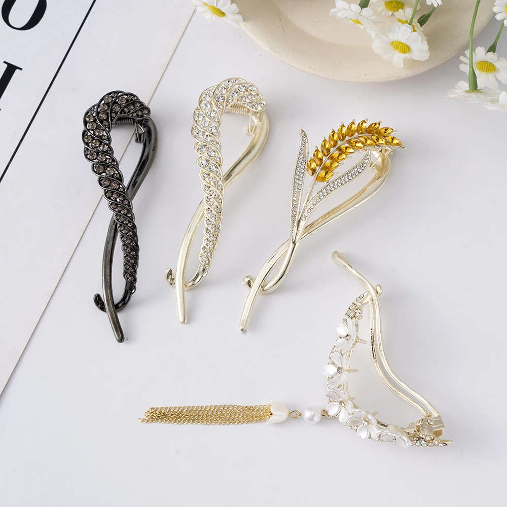 Rhinestone Tassel Hair Claw Clip Bun Women Flower Hairpin Headwear Hairgrip Metal Barrette Banana Twist Hair Accessories Jewelry