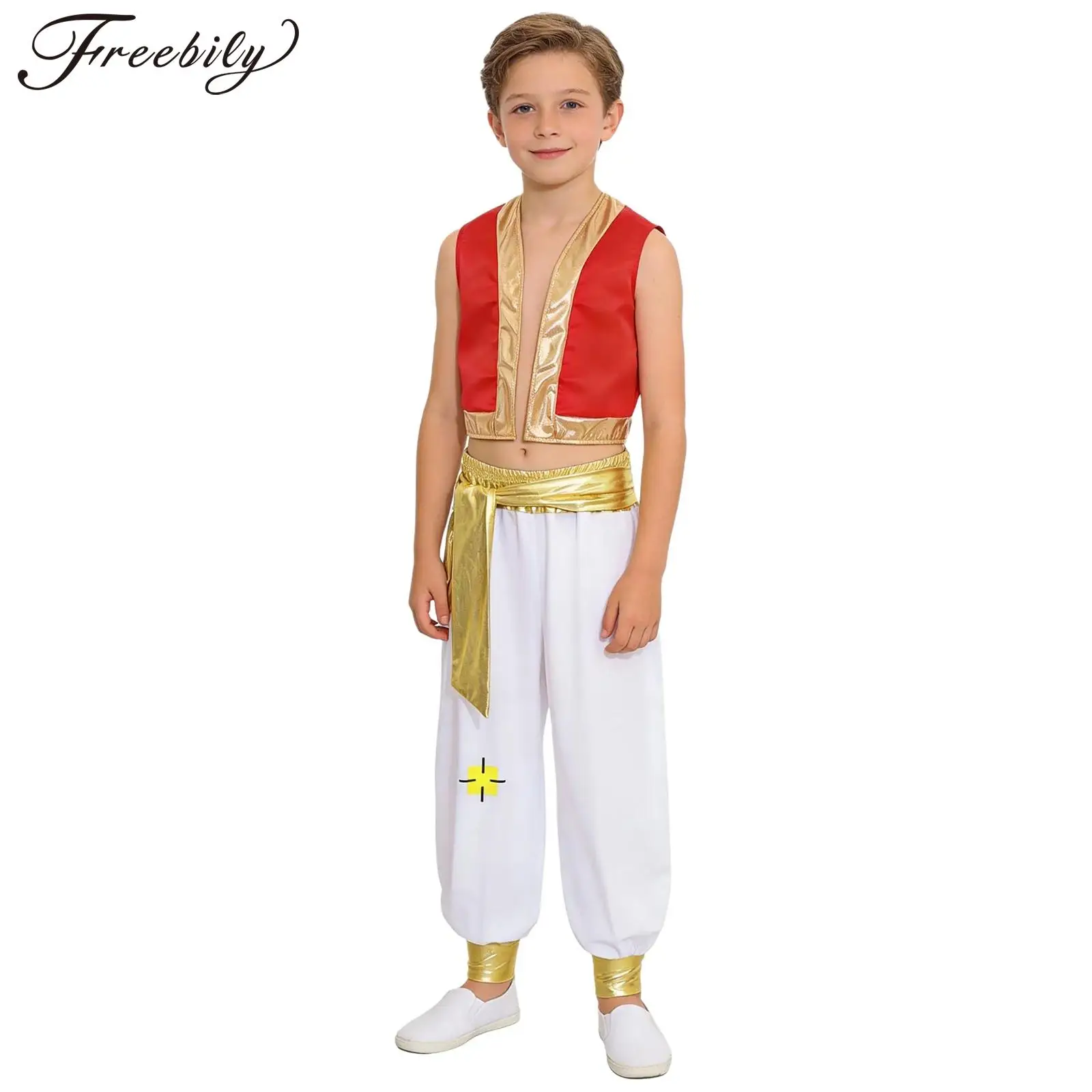Kids Boys Arabian Prince Costume Halloween Fairy Tale Character Cosplay Suit Belly Dance Golden Trim Sleeveless Vest And Pants