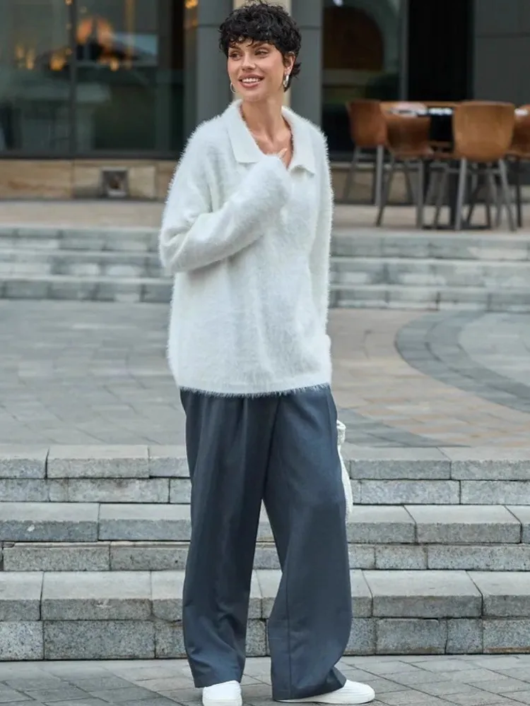 2025 herbst Frauen Rüschen Pullover Langarm Gestrickte Bodenbildung Weiß Pullover Frauen Casual Pullover Winter Jumper Sueter Mujer