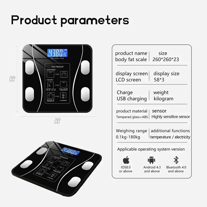 Electronic LED Digital Weight Balance Smart Scale, Tempered Glass Platform, Smartphone App, Body Fat