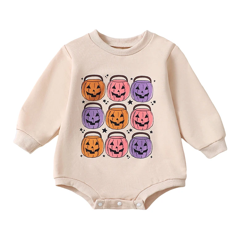 Cute Baby Halloween Romper Pumpkin Basket Print Round Neck Long Sleeve Sweatshirt Bodysuits Jumpsuit Halloween Costume