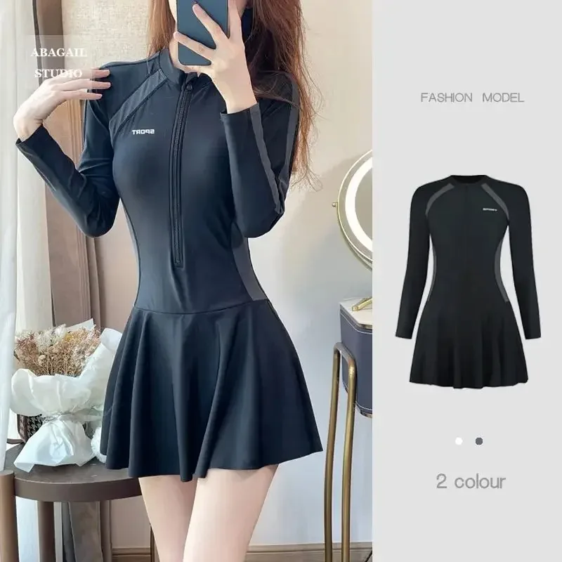 Professional Long Sleeve One Piece Swimsuit Oversize Fashion Black Zipper Fast Dry Swimwear Swimming Pool Water Sports Clothes