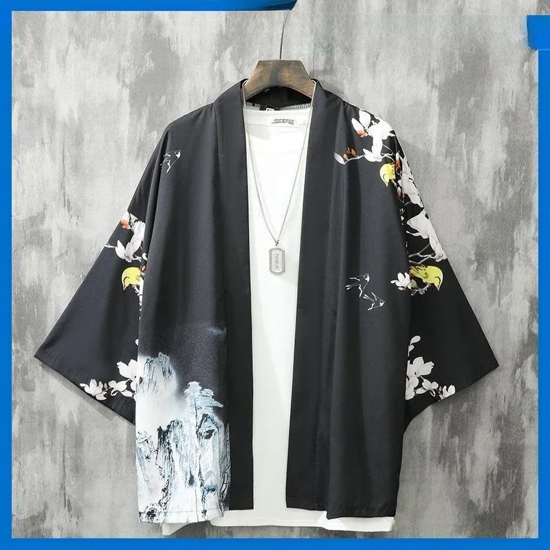 

Korean-style plum yellow bird Kimono print trendy loose casual ancient-style Hanfu Dao robe top for men Clothing