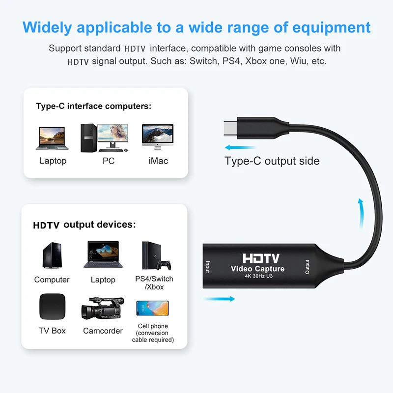 Type C USB 3.0/2.0 Video Capture Card HDMI-compatible 4K 30Hz MS2130 Game Grabber Record for Switch Xbox PS4/5 Live Broadcast