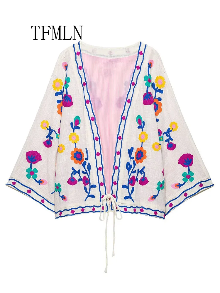 Embroidery Open Front Jacket 2026 Autumn Lace Up Front Cropped Kimono Cardigan Women's Vacation Ethnic Style Loose Outerwear