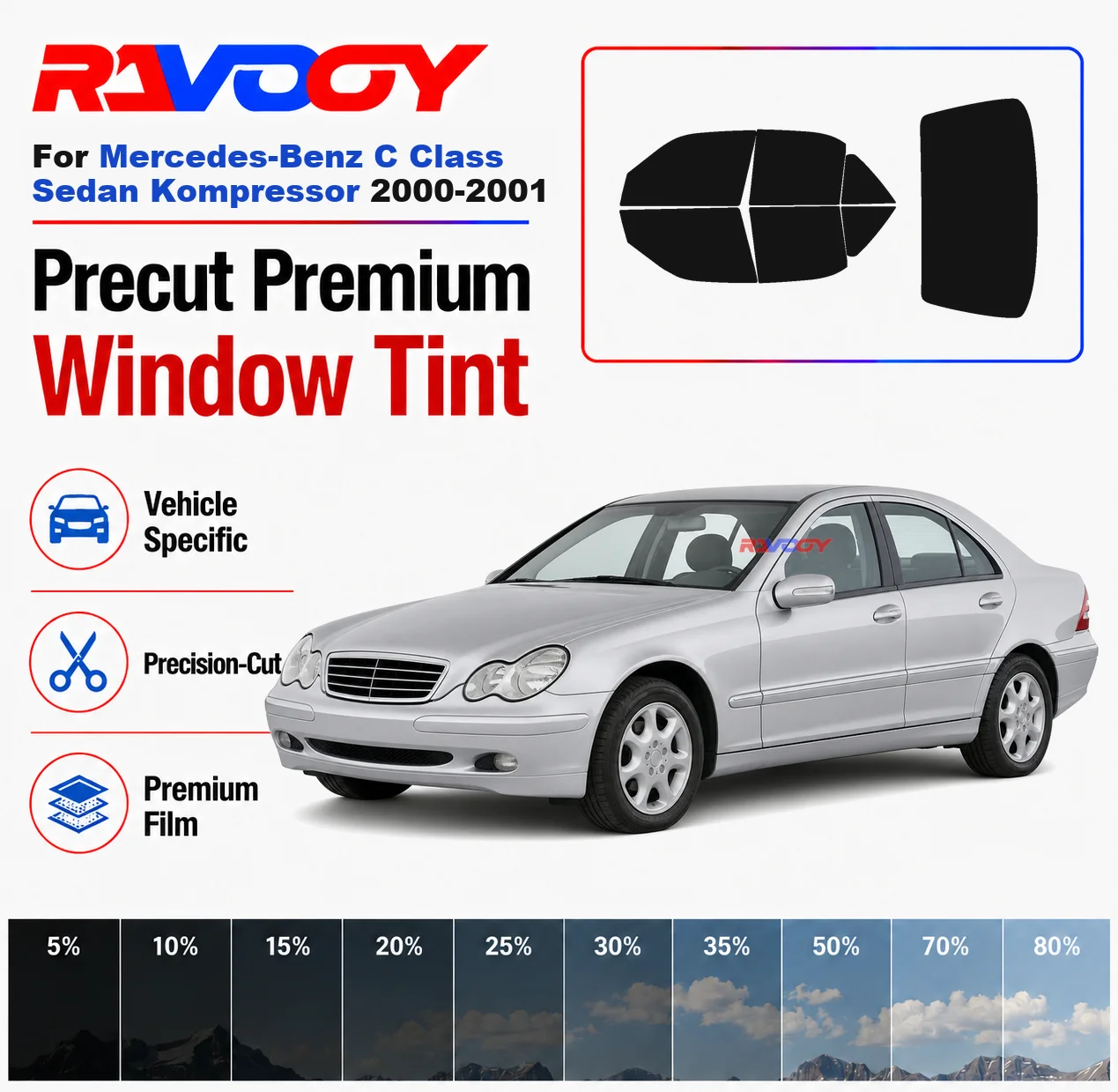 

Premium Precut Window Tint Kit For Mercedes-Benz C Class Sedan Kompressor 2000-2001 Complete Set Car Solar Nano Ceramic Film