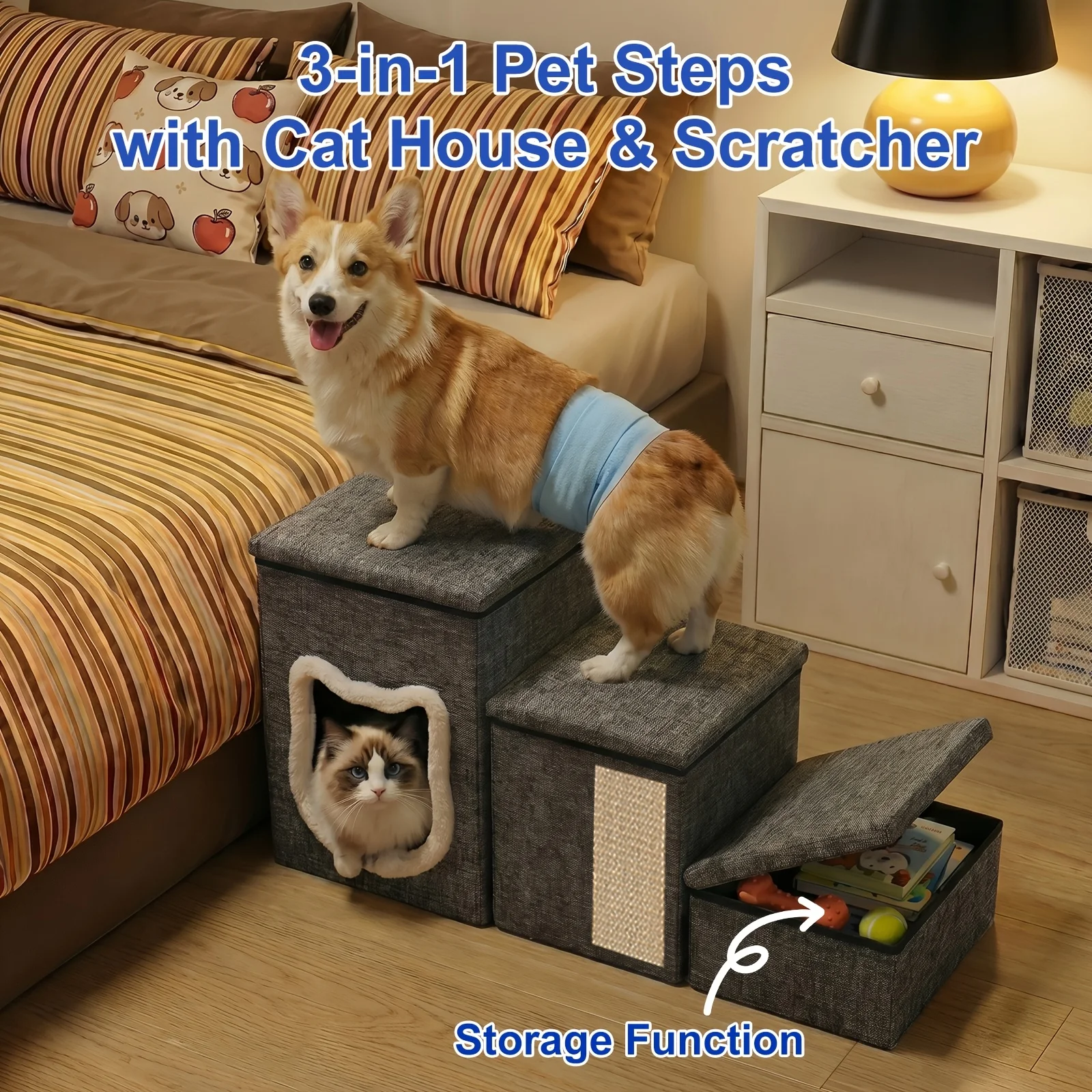 

3-Step Dog & Cat Stairs with Ramp Suitable for Small Dogs, Puppies, Older Cats & Arthritis-Friendly Pets - Non-Slip Indoor Pet Stairs with Storage Condo & Cat - Dog Ramp for Couch, Bed, Furniture - Joint Mobility for Pets