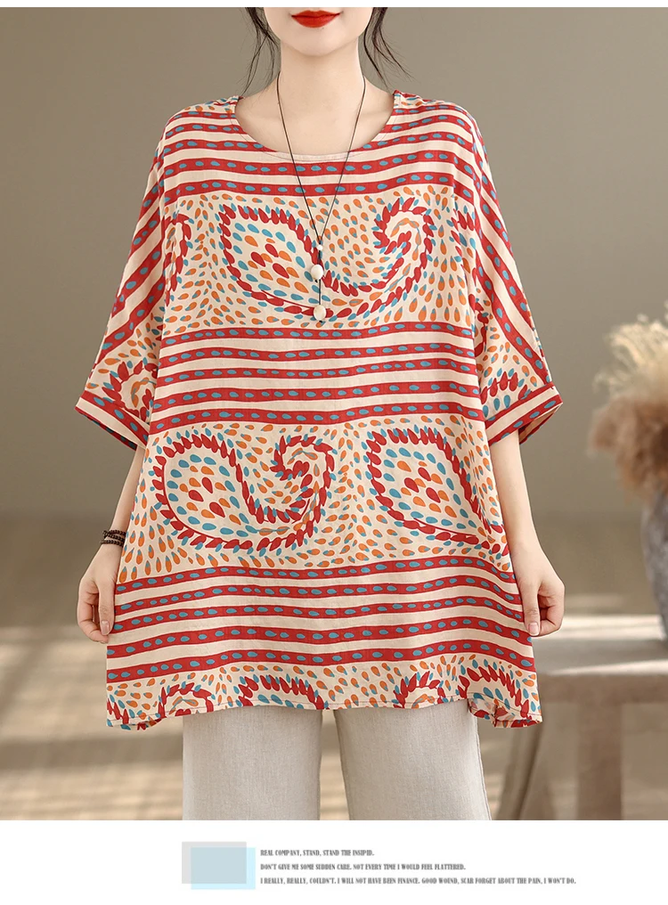 THHONE Plus Size Fashion Summer Woman Blouse Cotton Linen Casual Loose Print Patchwork O-Neck Vintage Indie Folk Oversized Top view 6