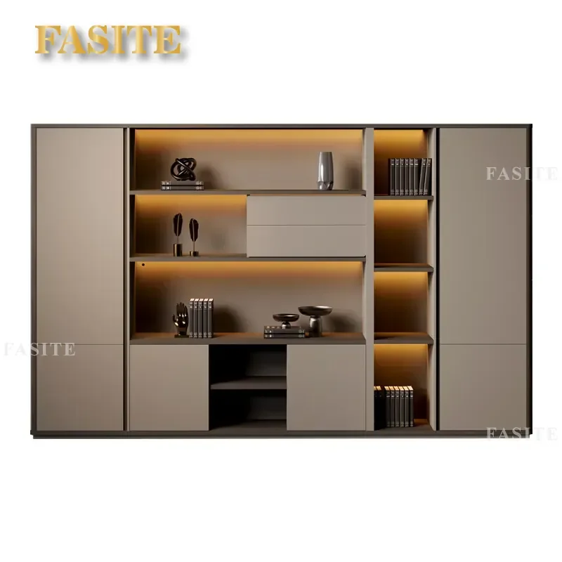 For Office Large Wood Grain File Cabinet Bookcase with Light Locker  Floor Background Storage Atmosphere Decor