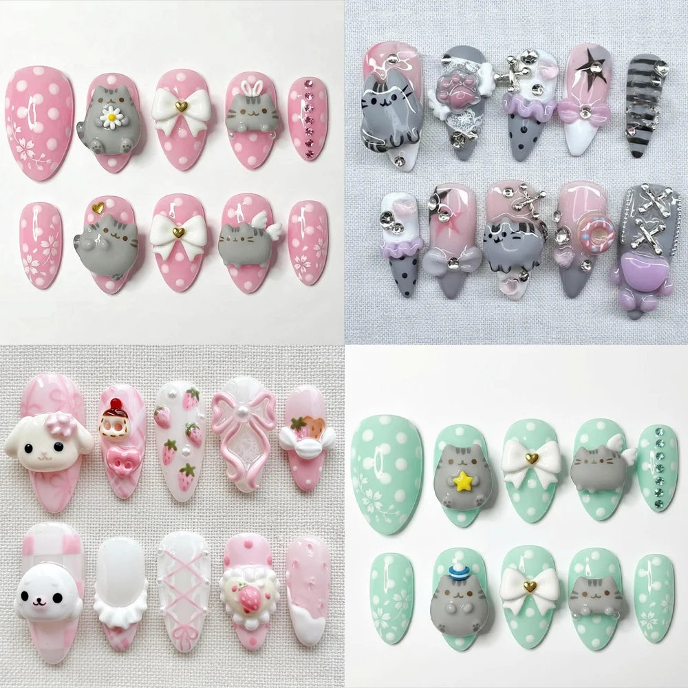 

Kawaii Cream Chocolate Rilakkuma Press On Nails Cartoon Rabbit Cat Strawberry Bowknot 3D Doll Fake Nails Handmade Customization
