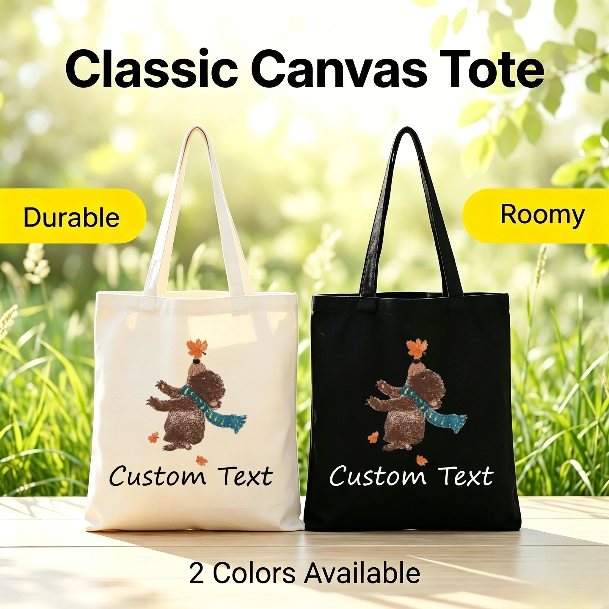 1pc Canvas Tote Bag Cute Bear Autumn Leaf Print Custom Text Roomy Durable 2 Colors Shoulder Bag