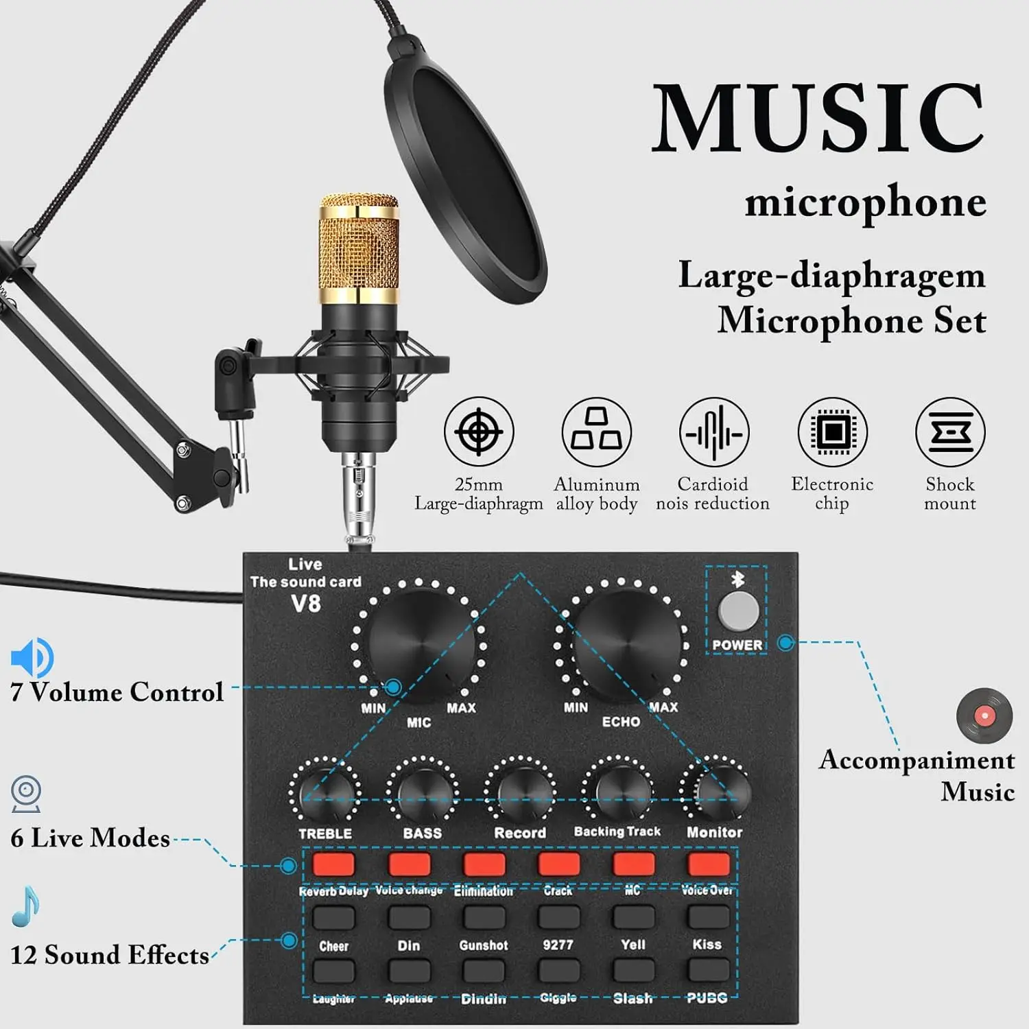 Live Sound Card, V8 Audio Mixer, Speech Converter, Microfone Suite, compatível com DJ Games, Tiktok, YouTube