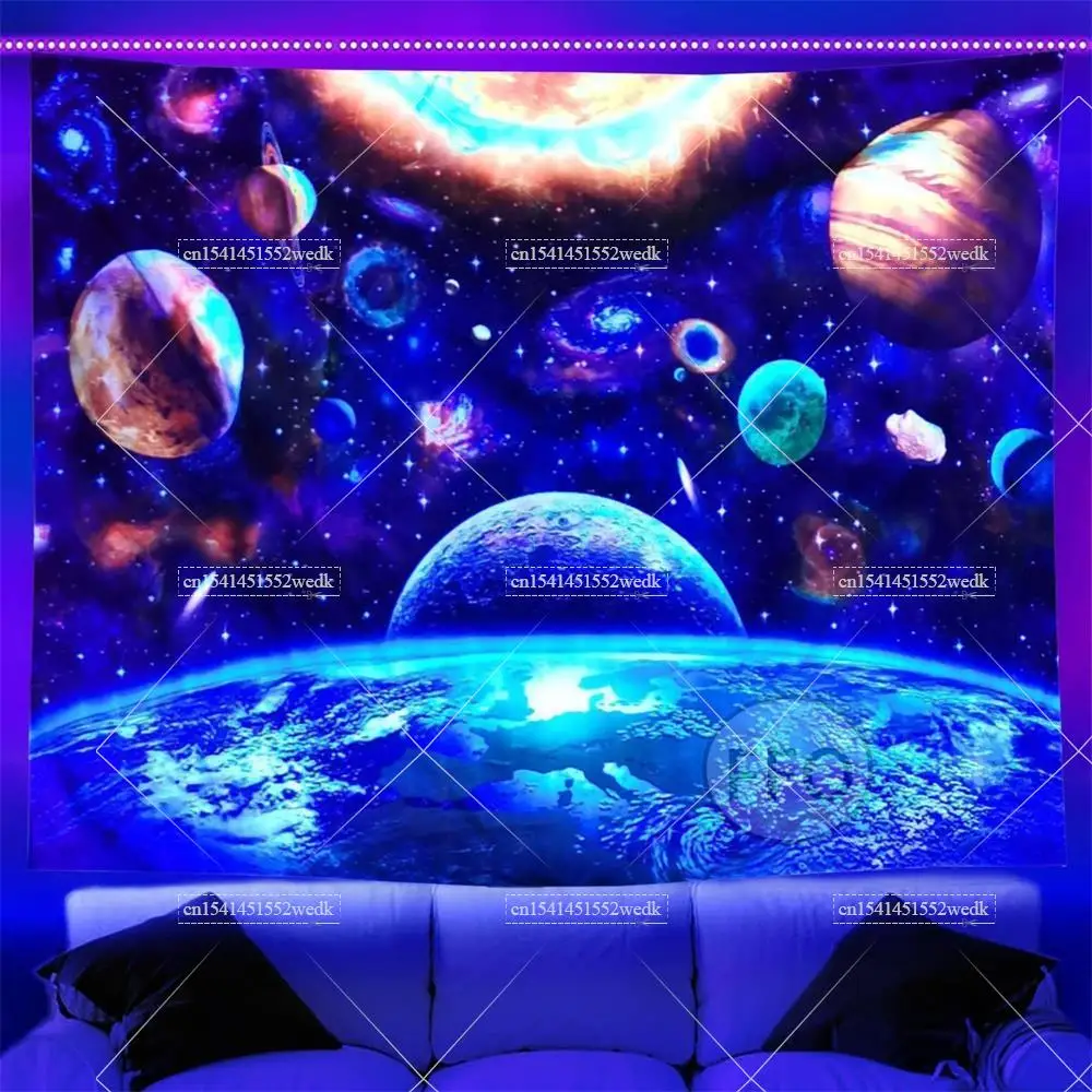 Trippy Planet Blacklight Tapestry Starry Night Sky Glow in the Dark Fluorescent Party Backdrops UV Reactive Aesthetic Tapestry