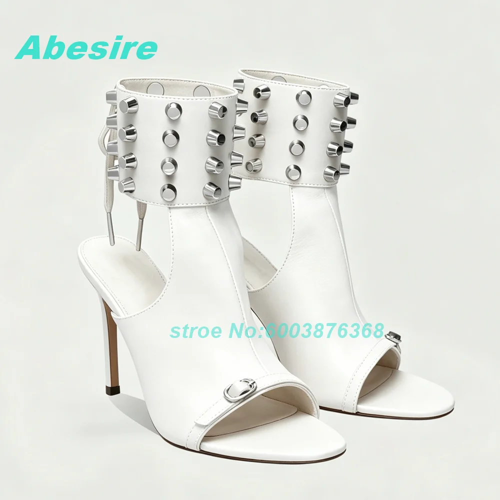 Black Leather Peep Toe Slingback Sandals Stiletto Heel Rivet Decor Back Lace-Up Women's Sandals Gothic Punk Y2K Party Shoes