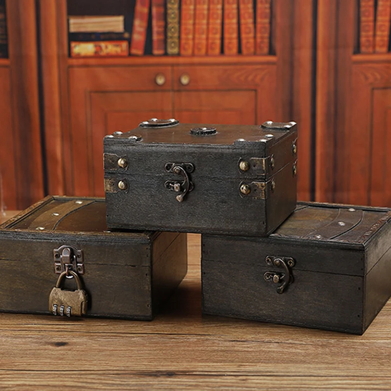 Vintage Wooden Storage Box Exquisite Storage Box Desktop Id Jewelry Wooden Box with Lock Password Pirate Treasure Box Wholesale