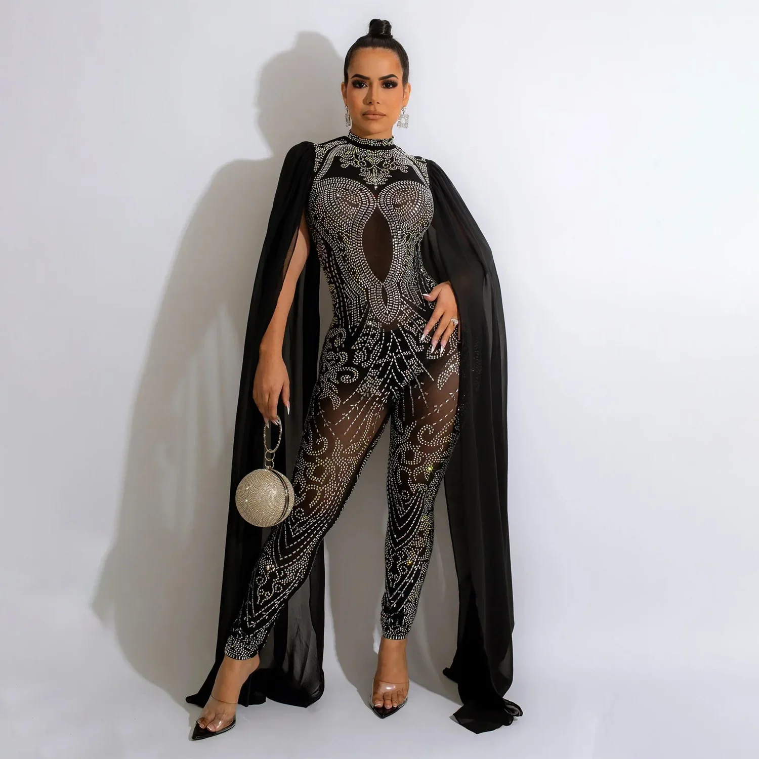 

Sparkle Black Rhinestones Mesh 2024 New Shift Long Sleeve Jumpsuits Women Rompers Glitter Skinny Crystal Jumpsuits Clubwear