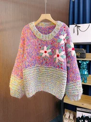 Embroidered Crochet Flower Jumper Crew Neck Lantern Sleeves Sweater Handmade Chunky Colorblocked Knit Pullover Women Outerwear